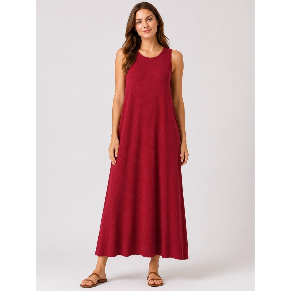 Eileen Fisher Shift Dress Womens Small Red Italian Waffle Knit Handkerchief Hem